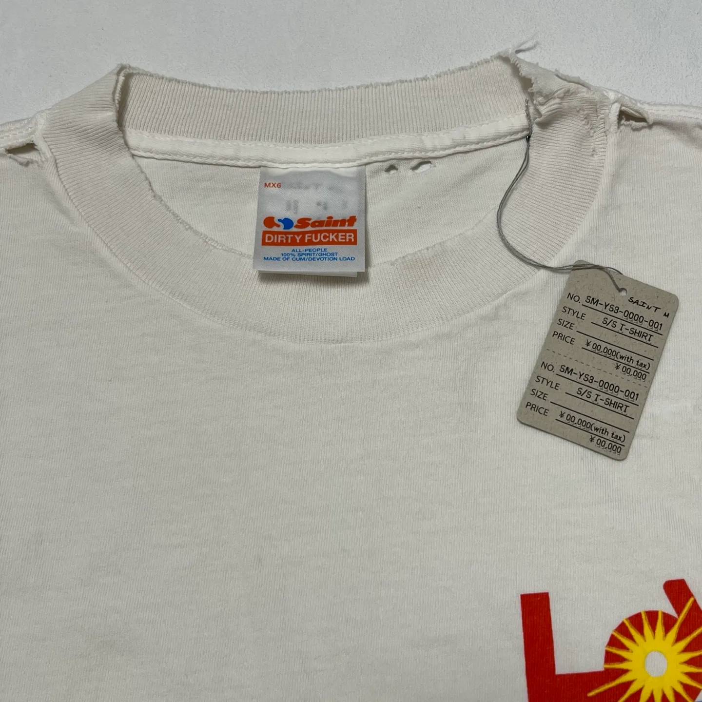 SAINT Mxxxxxx 25SS LOVE_SS TEE/WHT LOVE little sun destroyed washed distressed short sleeves off-white S-XL rainbow OE yarn original version consistent tube woven side seam fabric re-washed distressed craftsmanship of cut and damaged holes hand-made graffiti splashed ink original consistent main mark/wash mark/little angel anti-counterfeiting mark